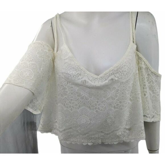 Kendall & Kylie Size Small Crop Top Lace Flutter Sleeve Lined Ivory - Picture 2 of 10